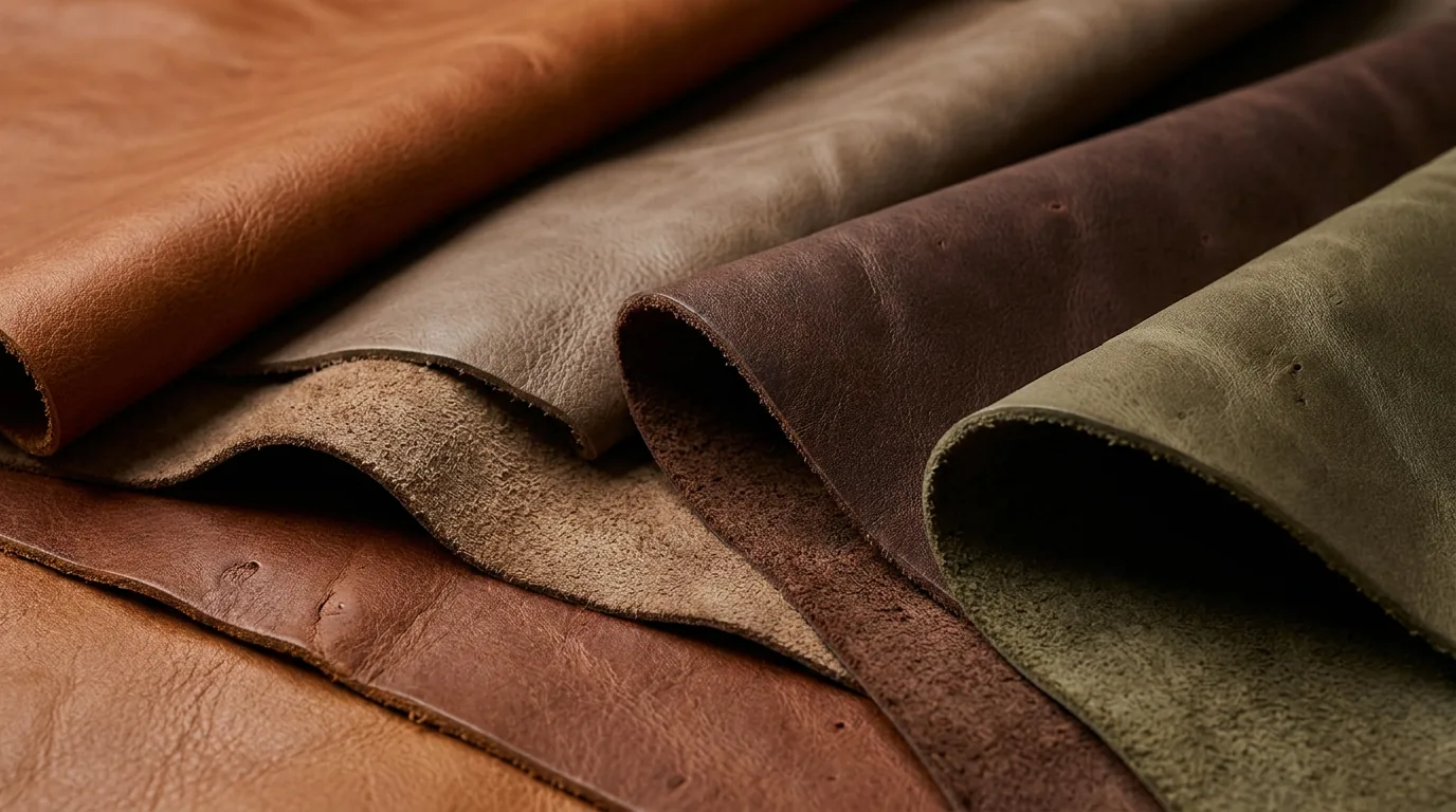 Close-up of natural leather hides showing grain, edges and reverse surfaces