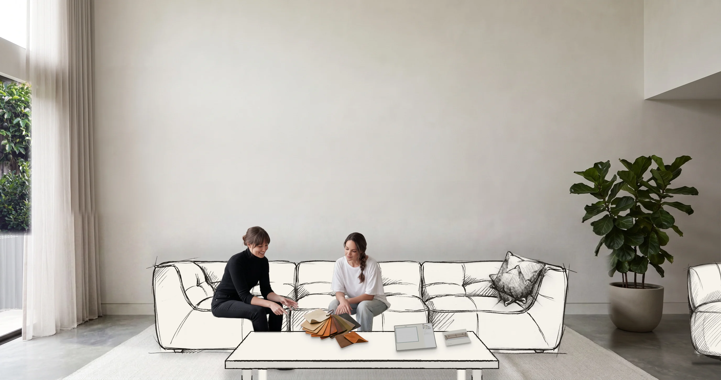 An interior decorator and her client sitting together in a calm living room, choosing a Sofa Studio modular sofa that is drawn in graphite pencil around them