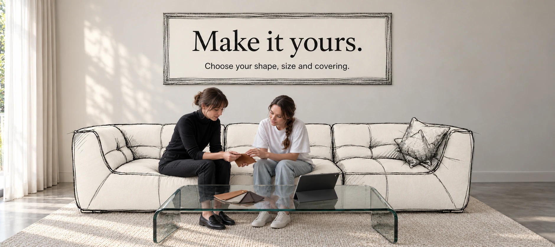 An interior decorator and her client sitting together in a calm living room, choosing a Sofa Studio modular sofa that is drawn in graphite pencil around them